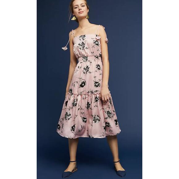 MISA Los Angeles Gandra Tiered Midi Dress Pink Floral Anthropologie sz L NWOT - Picture 2 of 14